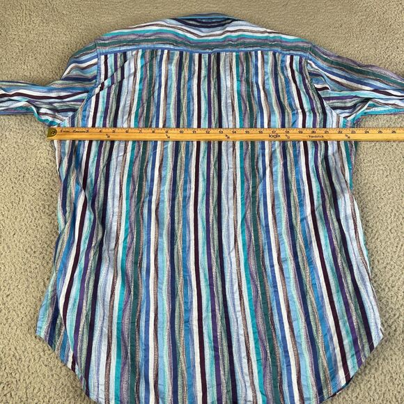 Robert Graham Shirt Mens Large Blue Stripe Button Flip Cuff Classic Fit Cotton - Picture 10 of 11